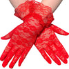 A pair of red sheer lace gloves worn on a hand.