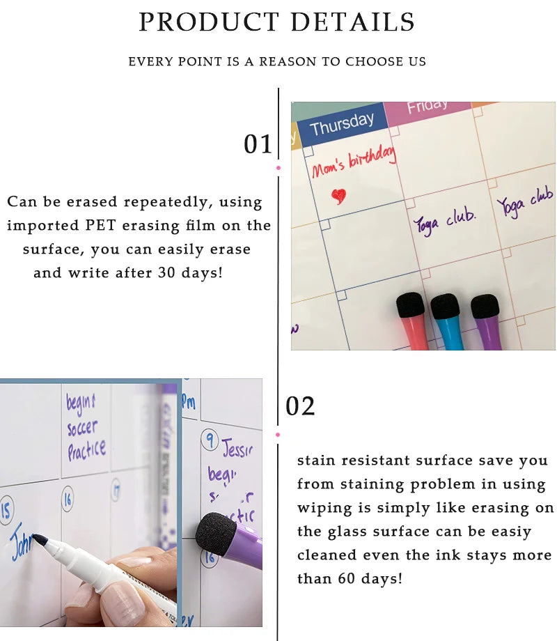 Product details showing how to erase and write on a surface, demonstrating the durability of an erasing film.