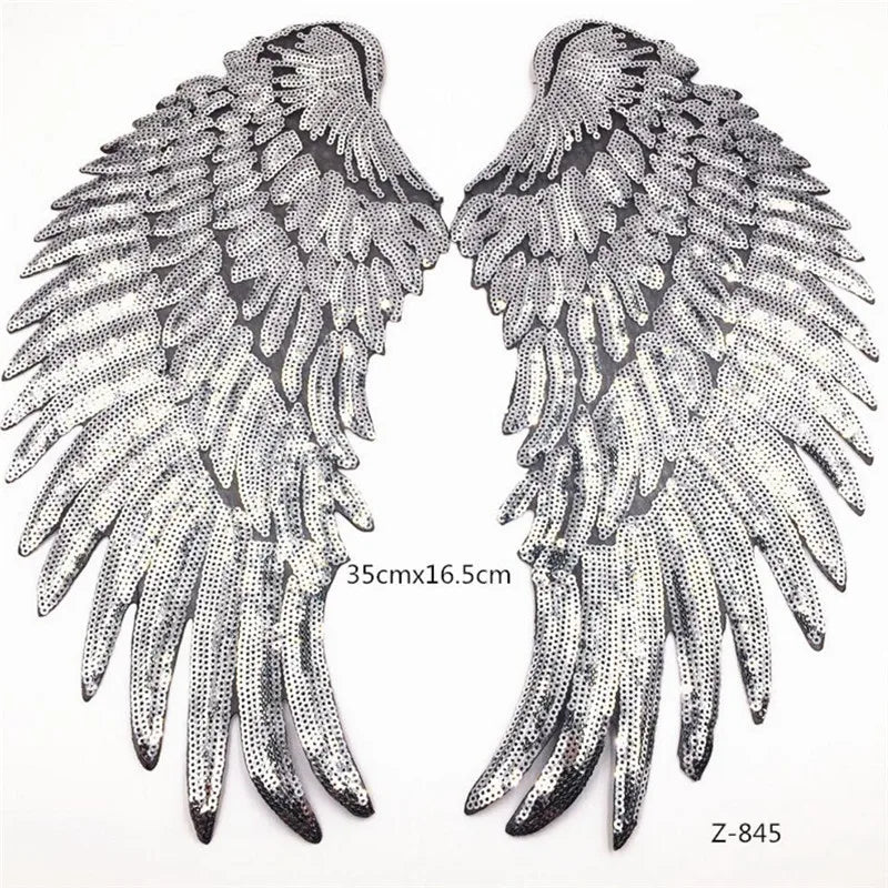 A pair of large, detailed sequin wing patches for DIY sewing or iron-on embellishment.