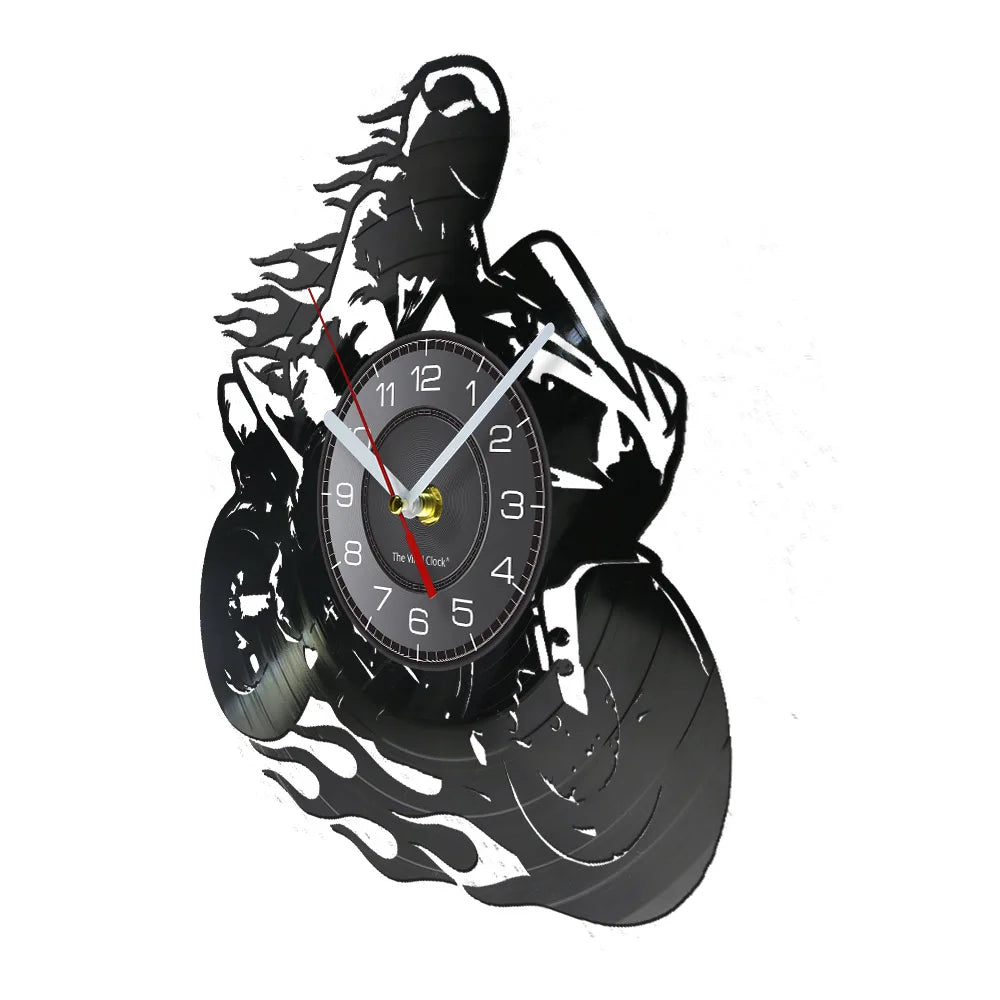 A black wall clock shaped like a motorcycle rider, featuring a vinyl record design and a clock face.
