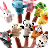 A collection of plush animal finger puppets featuring various family animals like a rabbit, bear, monkey, and yellow duck.
