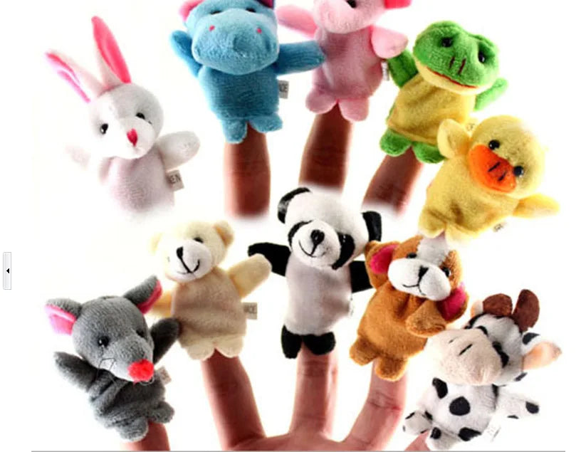 A collection of plush animal finger puppets featuring various family animals like a rabbit, bear, monkey, and yellow duck.