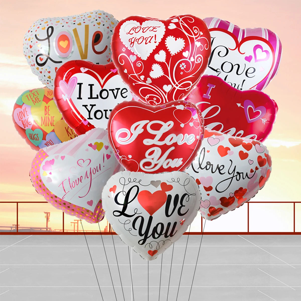 A set of ten red and pink heart-shaped foil balloons with 'I Love You' and 'Love You' text.