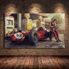 A vintage red Formula 1 race car is displayed on a gritty track, with a driver in racing gear beside it.