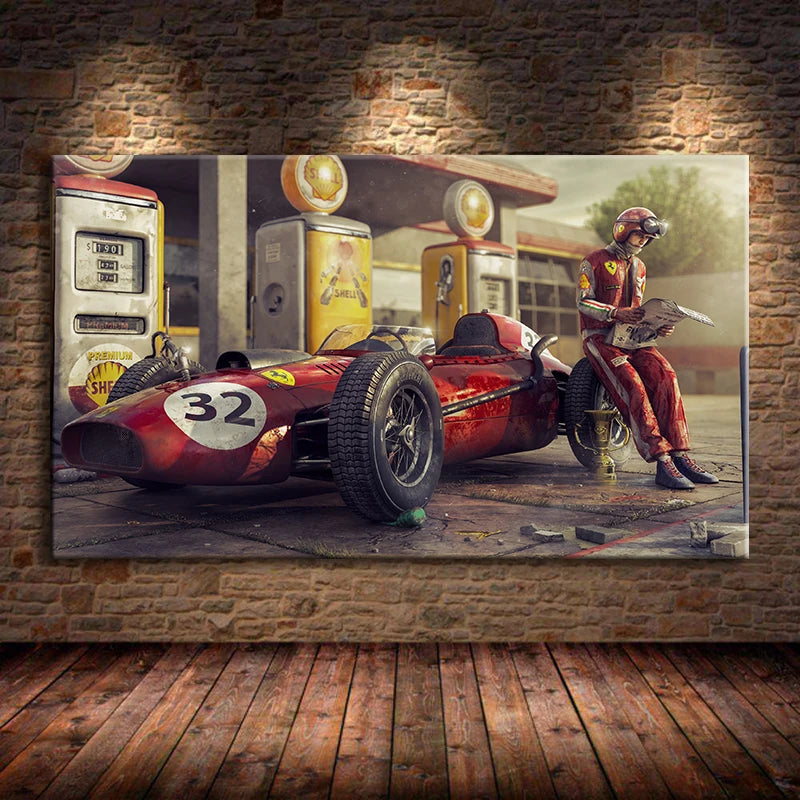 A vintage red Formula 1 race car is displayed on a gritty track, with a driver in racing gear beside it.