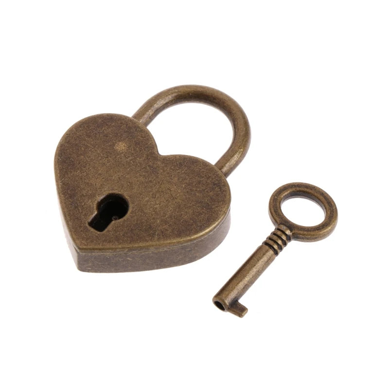 Vintage heart-shaped mini padlock and key with a dark bronze finish