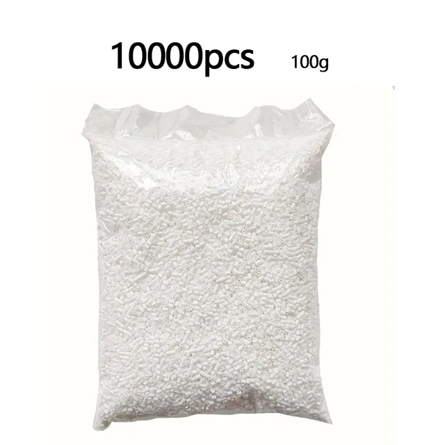 A white bag filled with 10,000 small, colorful fuse beads for craft projects.