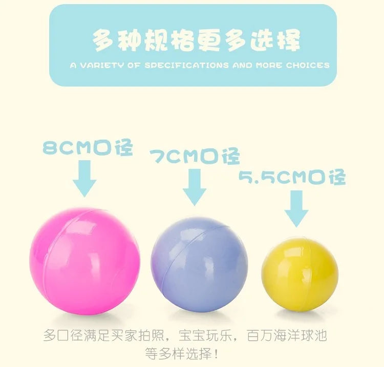 A display of various sized and colored plastic balls, including 8CM, 7CM, and 5.5CM sizes.