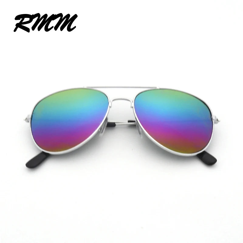 A pair of silver-framed pilot sunglasses with iridescent, rainbow-colored mirror lenses.