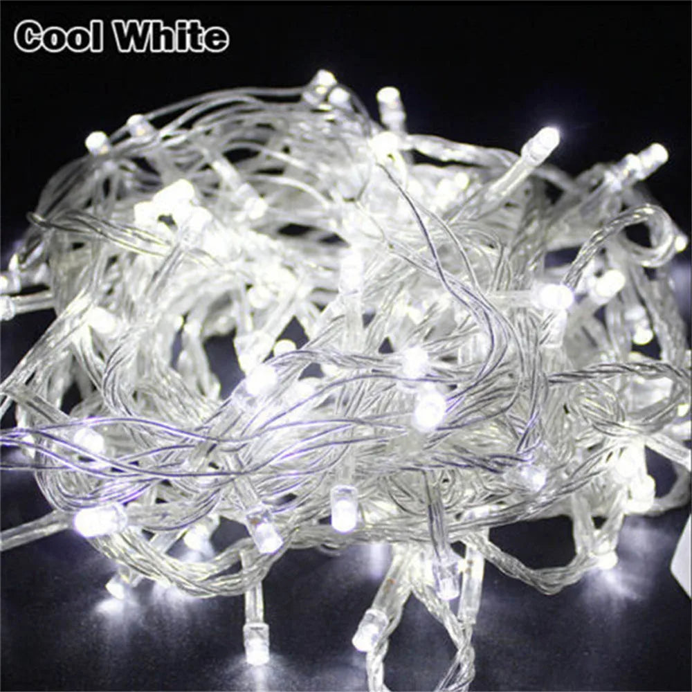 A bundle of Cool White LED string lights used for holiday decoration.