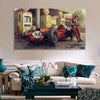 Vintage poster canvas wall art depicting a red classic racing F1 car on a track.