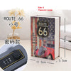 A book-shaped password locker labeled Route 66 with a combination lock and a flower in the background.