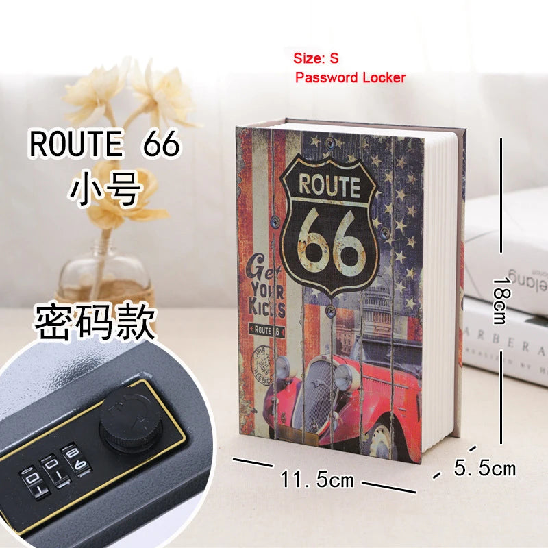 A book-shaped password locker labeled Route 66 with a combination lock and a flower in the background.