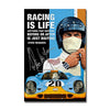 A poster featuring text about racing and a blue race car in the foreground.