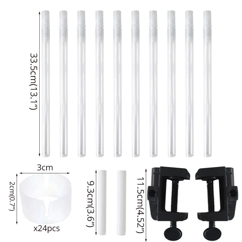 A set of clear plastic balloon arch column stands and black clip holders for display.