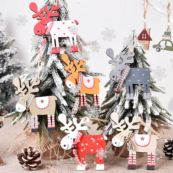 Hand-painted wooden deer ornaments in red, white, and gray are displayed on a festive Christmas tree.