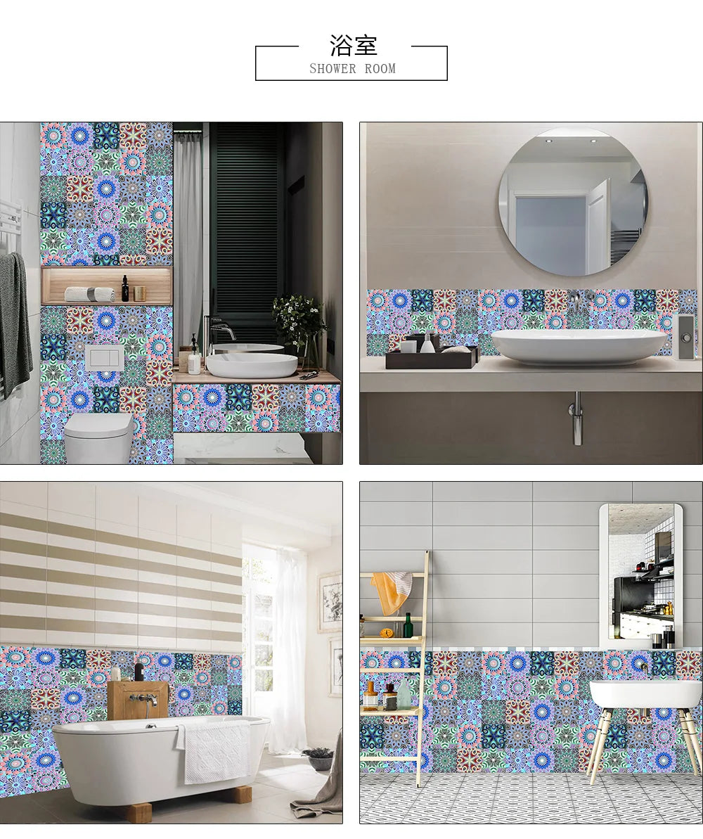 A shower room featuring decorative mandala tile stickers on the walls and floor, with a white sink and modern fixtures.