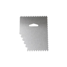 A silver stainless steel cake scraper and fondant smoothing tool with serrated edges.