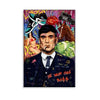 A vibrant abstract graffiti canvas featuring a portrait of a man, a horse, and various colorful elements.