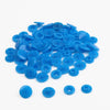 A pile of assorted blue snap buttons, measuring 12mm and 10.5mm, for crafting.