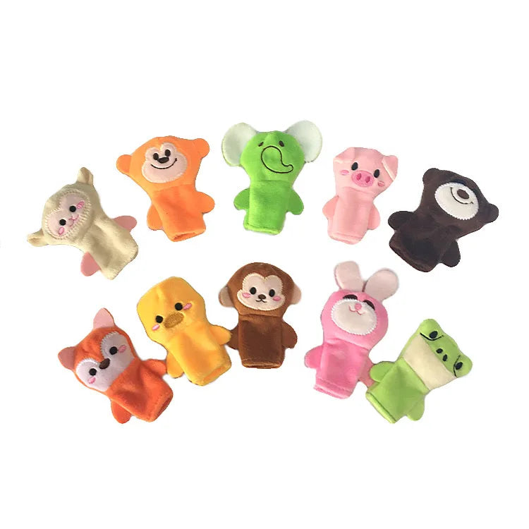 A set of plush finger puppets featuring various family animals like a lion, elephant, pink elephant, and monkey.