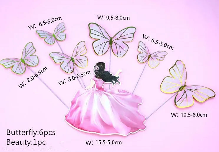 Pink butterfly cake toppers featuring various sizes and colors for parties and baking