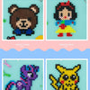 Two finished fuse bead crafts featuring a brown bear and a black and red-haired woman.