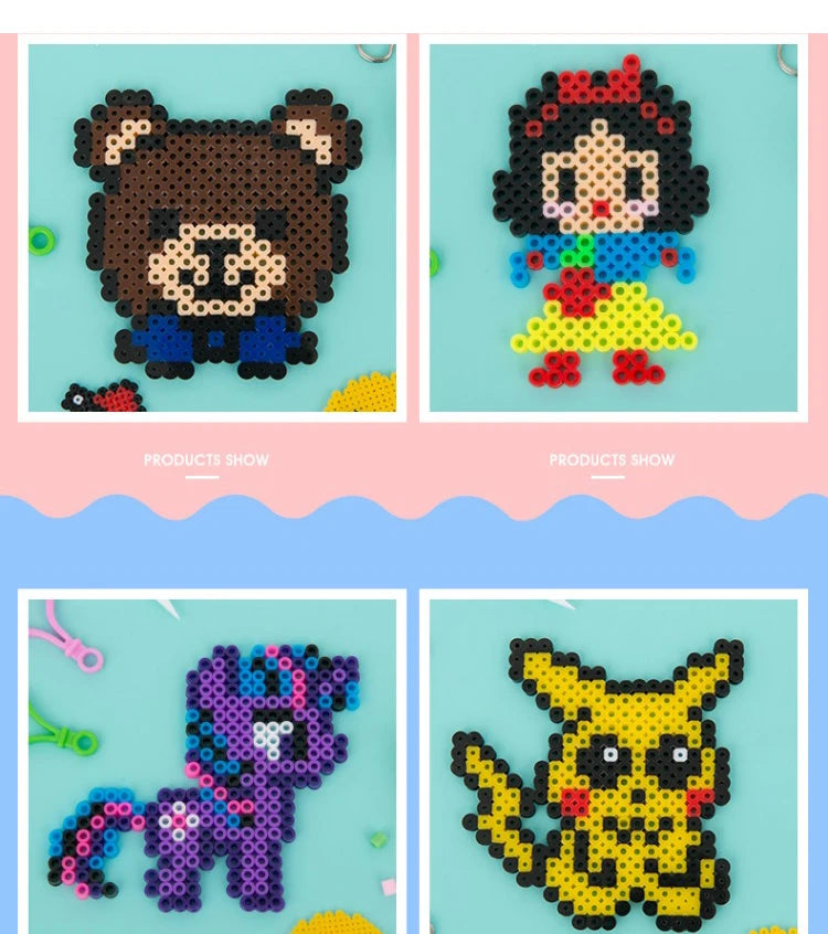 Two finished fuse bead crafts featuring a brown bear and a black and red-haired woman.
