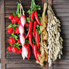 A display of lifelike artificial red and white chili peppers and vegetables hanging on a wooden board.