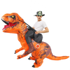 A man wearing a T-Rex inflatable costume, featuring orange skin and yellow eyes, is shown in an action pose.