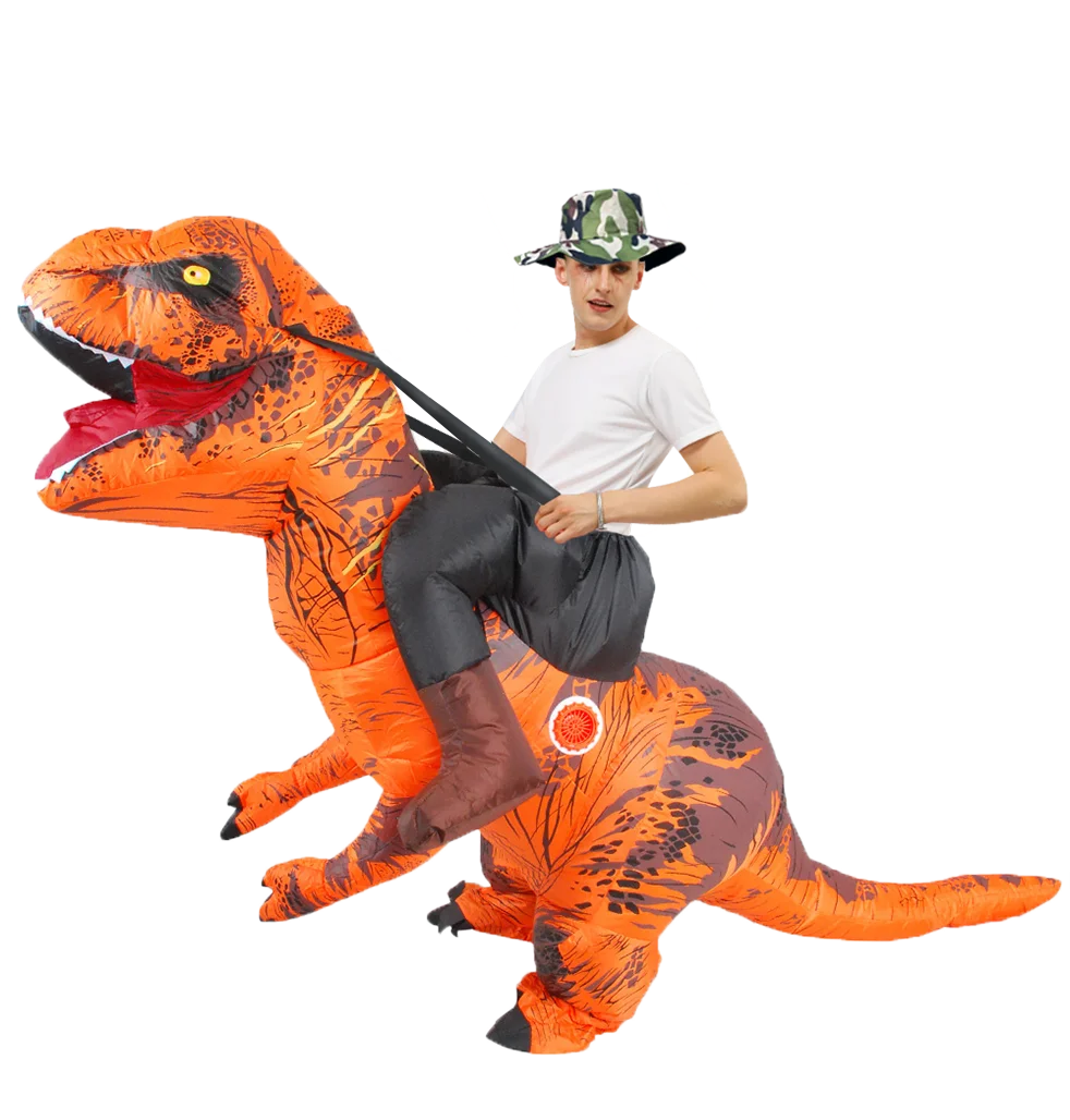 A man wearing a T-Rex inflatable costume, featuring orange skin and yellow eyes, is shown in an action pose.