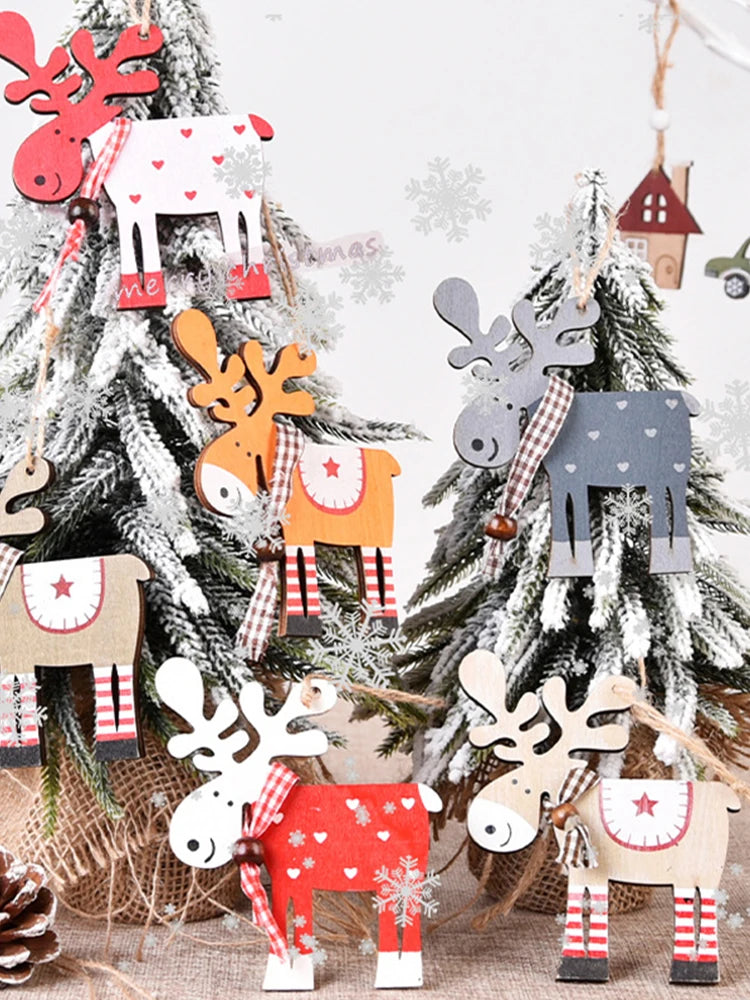 Hand-painted wooden deer ornaments in various colors and patterns decorating a festive Christmas tree.