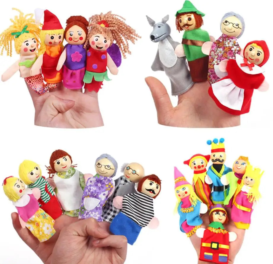 A hand holds a set of plush finger puppets featuring family animals and dolls for storytelling.
