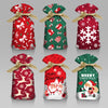 Four festive Christmas drawstring gift bags featuring snowflake, reindeer, and Santa designs in red, green, and white.