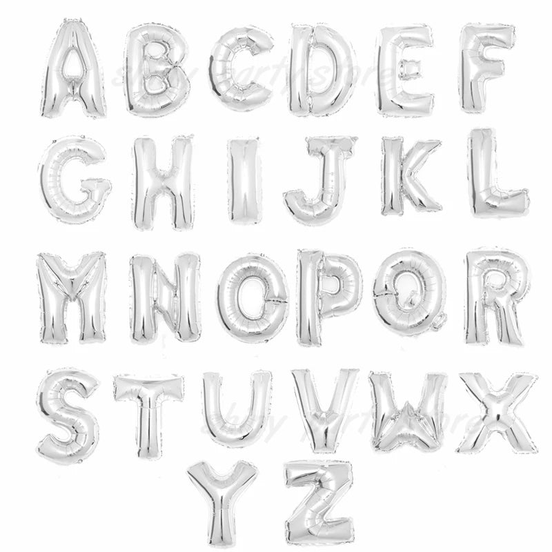A set of gold foil letter balloons displaying the uppercase English alphabet from A to Z