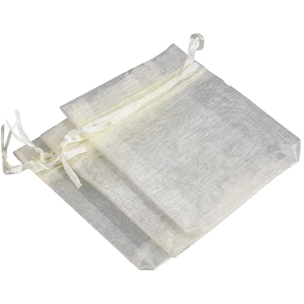 A clear plastic drawstring gift pouch made of sheer organza fabric.
