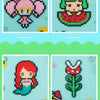 Four images showing various finished products made from fuse beads including a pink animal, a watermelon face, a red-haired c