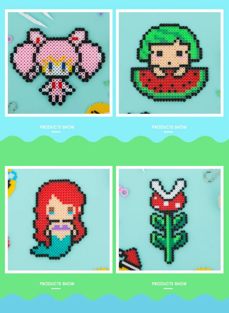 Four images showing various finished products made from fuse beads including a pink animal, a watermelon face, a red-haired c