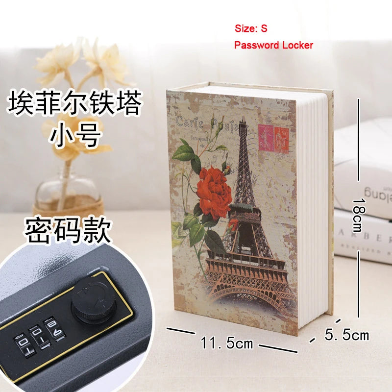A square book with a combination lock is shown next to a dried flower and a close-up of the lock mechanism.