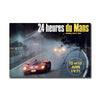 Poster for the 1971 24 heures du Mans race featuring a red race car on a foggy track.