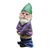 A miniature resin gnome statue with a green hat, white beard, and purple clothing.