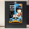A poster featuring a driver wearing a helmet and mask next to a blue racing car, with the text Racing is life.