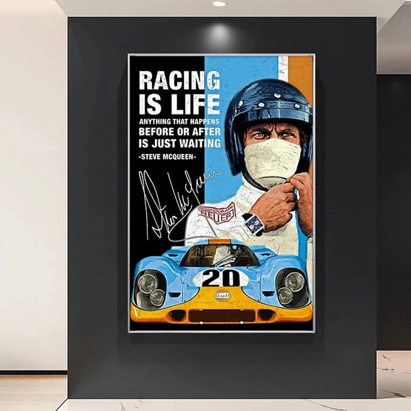 A poster featuring a driver wearing a helmet and mask next to a blue racing car, with the text Racing is life.
