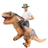 A man wearing a T-Rex inflatable costume is posing with the dinosaur figure.