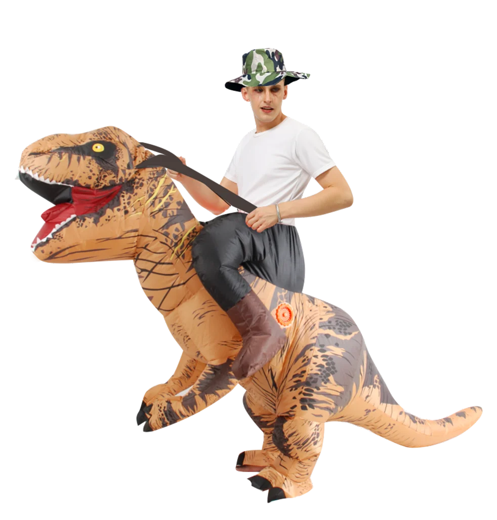 A man wearing a T-Rex inflatable costume is posing with the dinosaur figure.
