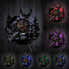 A collection of eight dark silhouette wall clocks featuring woodland elk and deer heads in various colors.