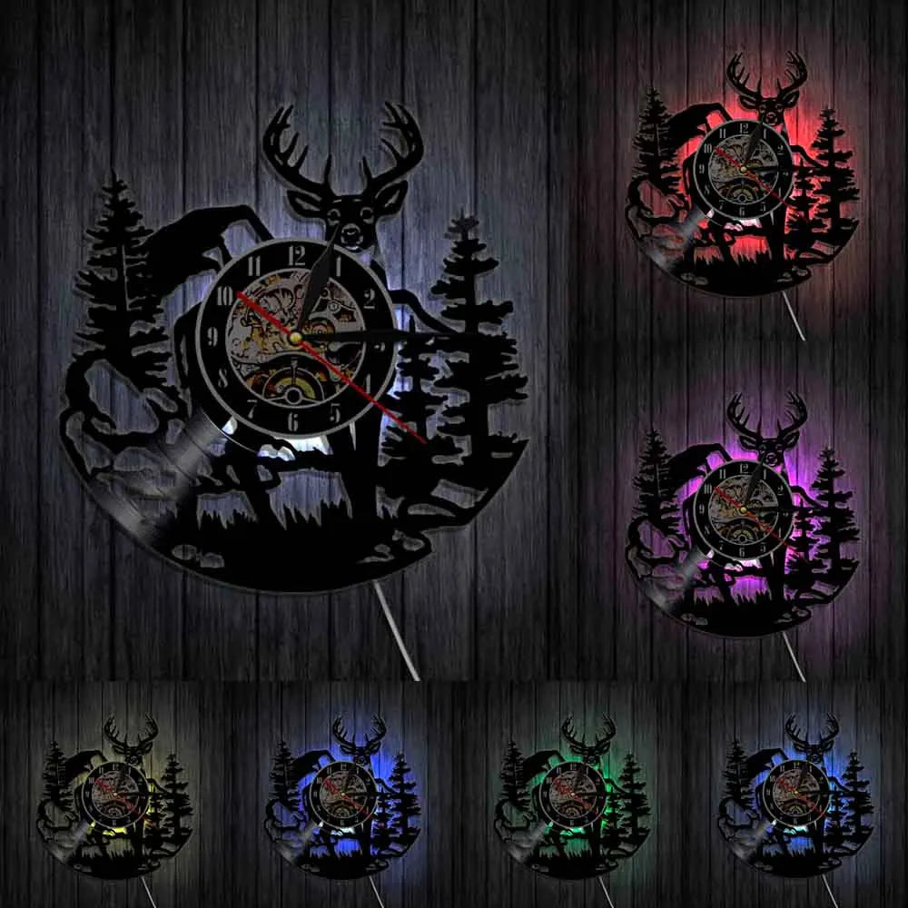 A collection of eight dark silhouette wall clocks featuring woodland elk and deer heads in various colors.