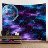 A tapestry depicting a vibrant purple and blue night sky with a large glowing planet.