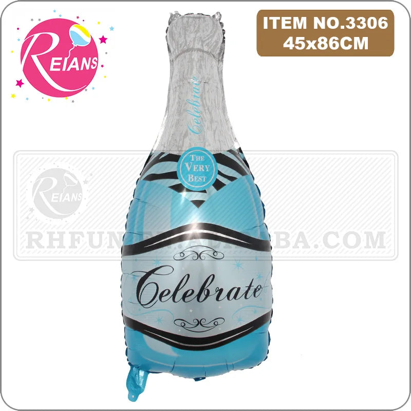 A clear blue foil balloon shaped like a champagne bottle with a black and silver design for parties.