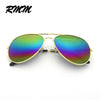 A pair of gold-framed pilot sunglasses with iridescent, rainbow-colored mirror lenses.